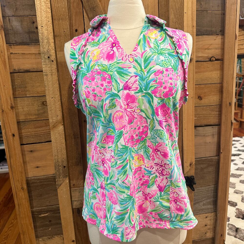 Lilly Pulitzer Luxletic Tropical Pineapple Floral Ruffle Top NWOT